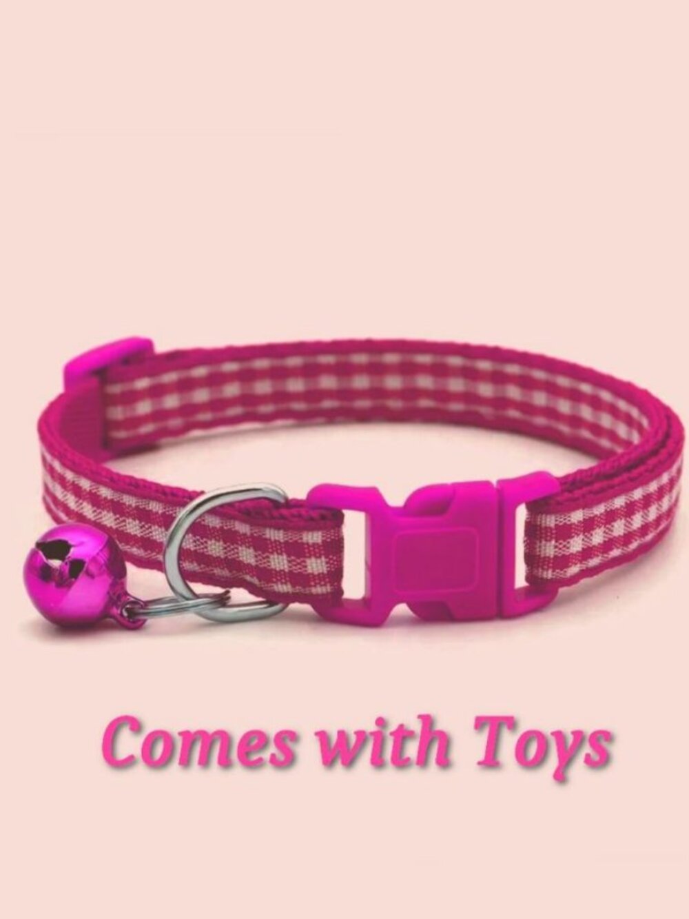 Jamie Jase Fuschia Gingham Plaid Bell Accented Cat Collar with Toys Gift Package